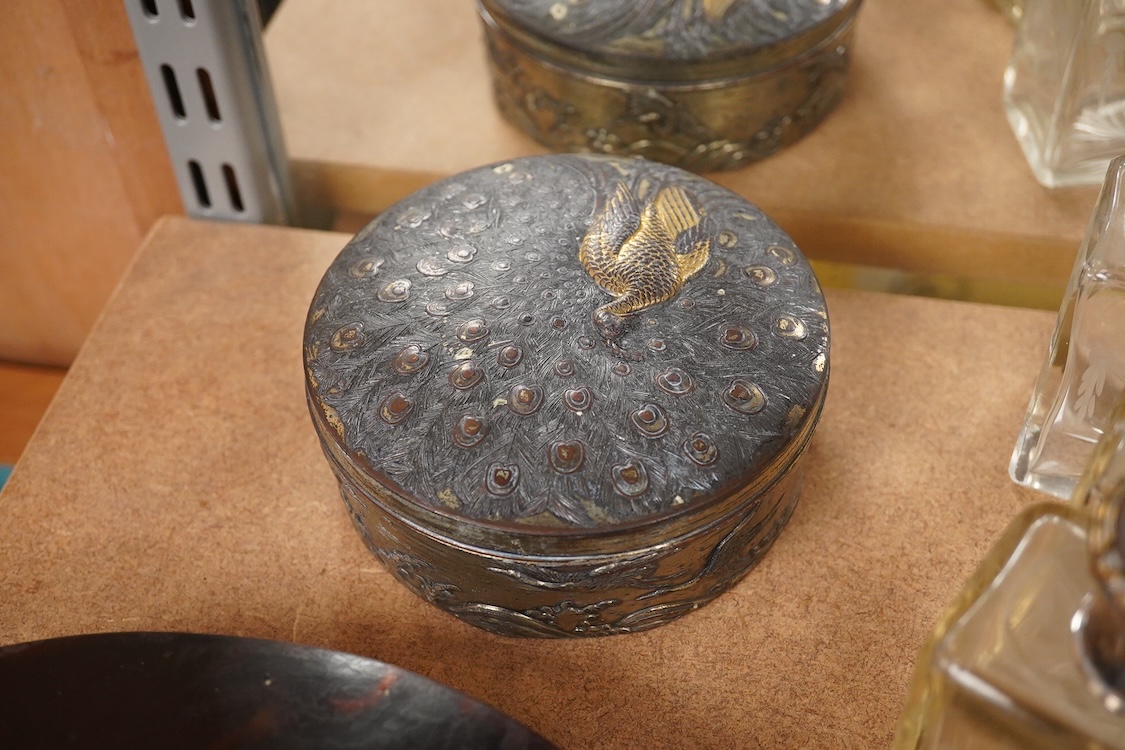 An Edwardian tortoiseshell jewellery box, a pair of gilt metal lorgnettes, a pair of half hoop gold earrings and pearl earrings, three jars etc